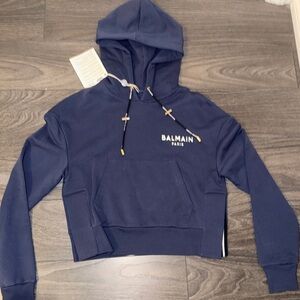 NEW W/ TAGS Balmain Cropped Navy Blue Hoodie Sweatshirt with Logo Details